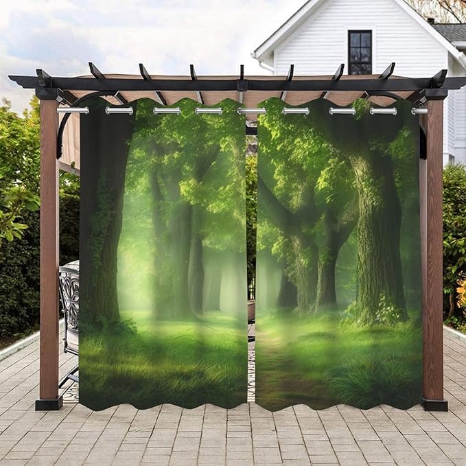 Forest Theme Waterproof Outdoor Curtains for Patio,Dawn Trees Jungle Pattern,UV and Fade Resistant Outside Curtains for Gazebo, Front Porch, Pergola,2 Panels,36 x 84 inch,Green