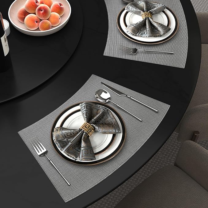 Faux Leather Waterproof Placemats Set of 4, Heat Resistant Reversible PU Place Mats, Dining Table Mats for Indoor Outdoor (Round Table, Grey)