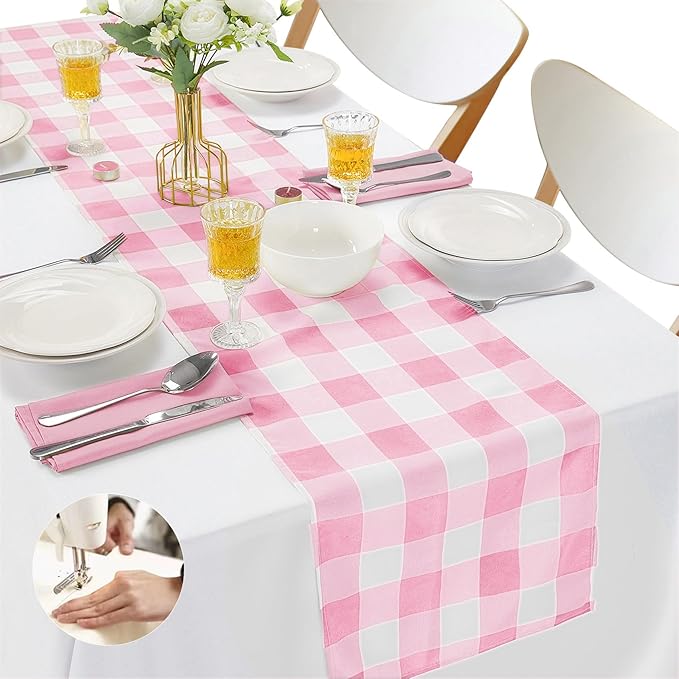 Fabric Checkered Table Runner 12 Pack Waterproof Gingham Table Runner 14W x 108L Buffalo Check Table Runners for Parties Kitchen Dining Wedding Banquet (Pink and White)