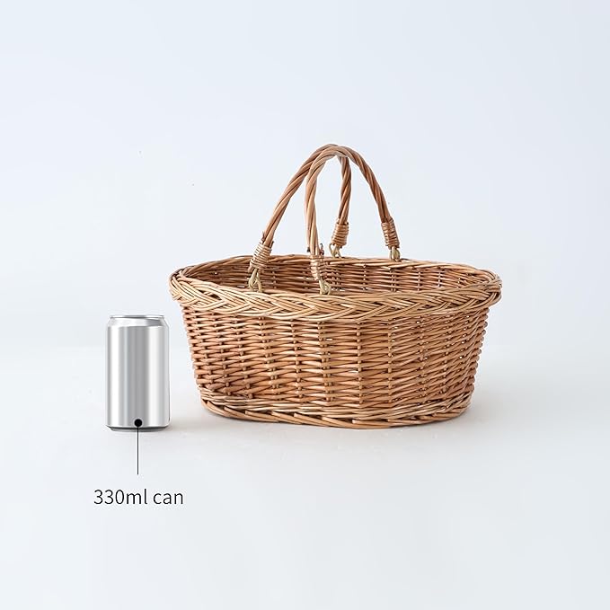 Wicker Picnic Basket with Handles, Handwoven Gift Basket, Shopping Basket, Natural Brown - Small