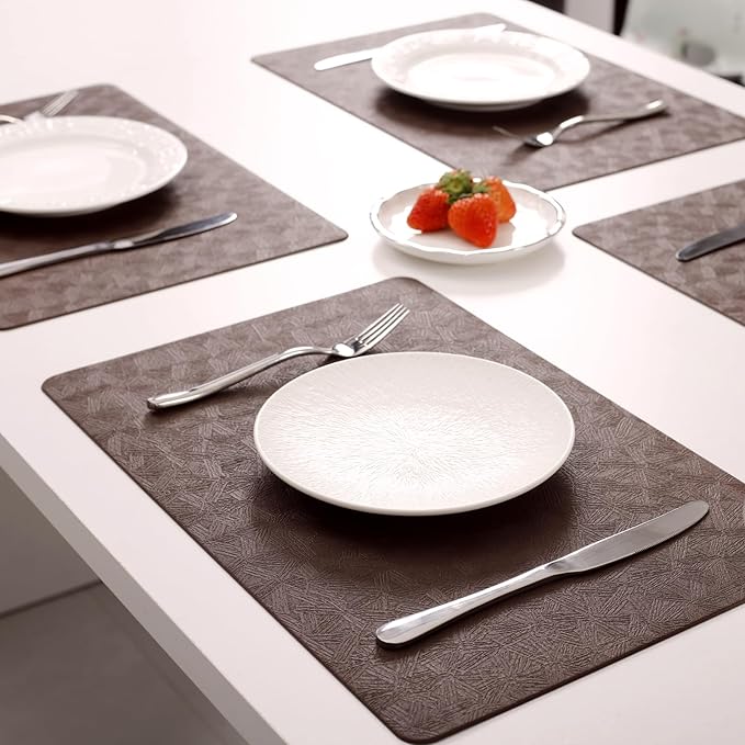 Vinyl Placemats Set of 6 Heat Resistant Easy Clean Non-Slip Place Mats for Dining Table. Faux Leather Waterproof Stain Resistant Wipeable Washable PU Table Mats(6, Brown)