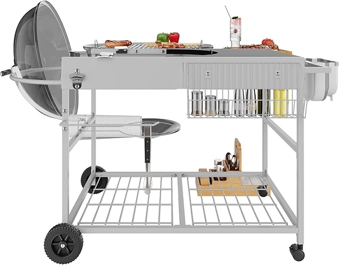 Vongrasig Grill Cart for Weber Kettle 18" & 22", Charcoal Grill Table, Outdoor Kitchen Island with Storage for Jumbo Joe,Master-Touch Charcoal Grill, Silver