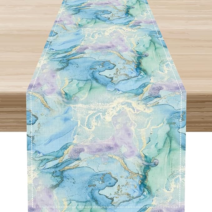 Summer Beach Table Runner, Blue Sea Coastal Nautical Marble Wave Ocean Table Runner Seasonal Holiday Home Kitchen Dining Table for Home Party Decor 13"x36"