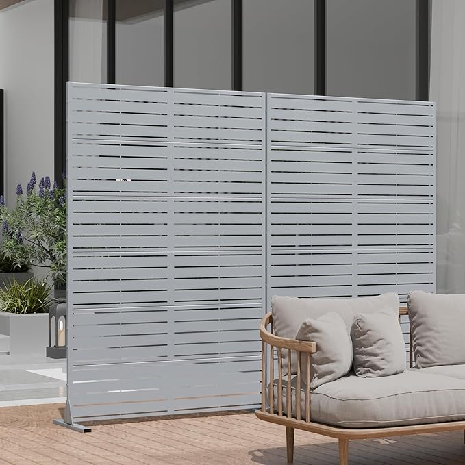 Casaphoria Metal Privacy Screen Outdoor, 72" H x 47" W Freestanding Decorative Privacy Screen for Patio Deck Balcony Garden with Stable Base, Grey-Louvered