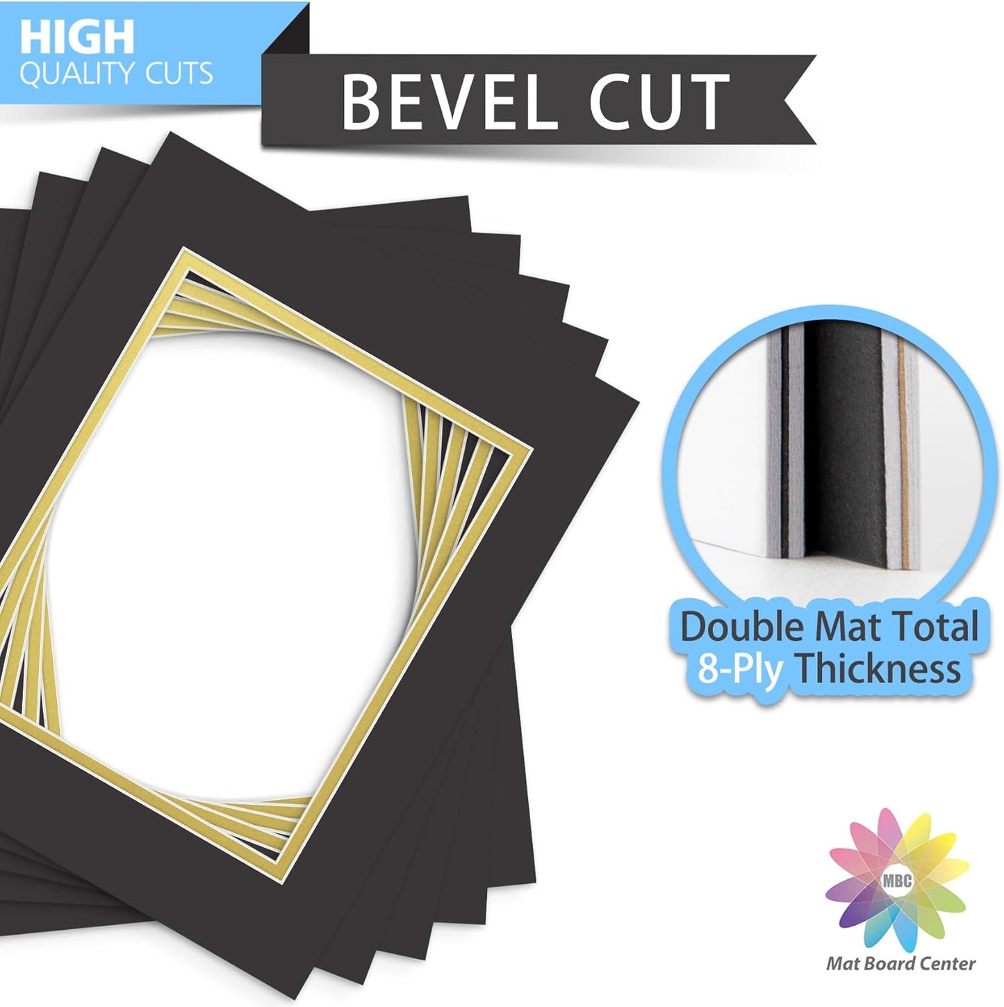 Mat Board Center, Double Mat - Acid Free, 8-ply Thickness, White Core - for Pictures, Photos, Framing (Black Over Gold, 11x14 for 8x10, Pack of 5)