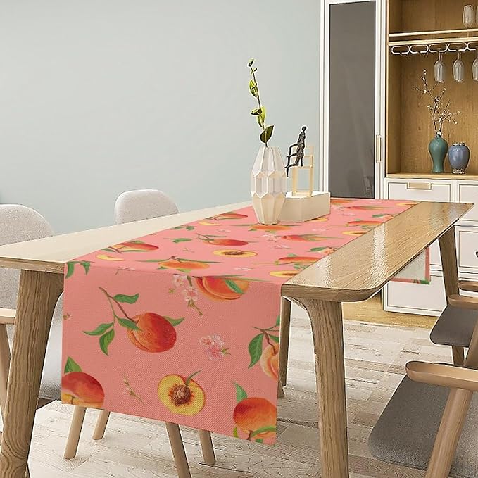 Pink Cute Peach Table Runner, Colorful Summer Fruit Floral Table Runner for Kitchen Dining Party Holiday Home 13x108in