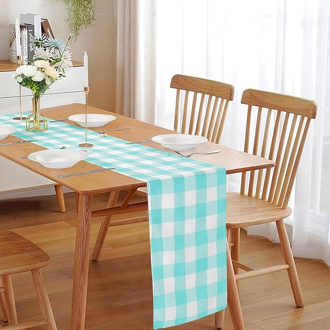 Fabric Checkered Table Runner 12 Pack Waterproof Gingham Table Runner 14W x 108L Buffalo Check Table Runners for Parties Kitchen Dining Wedding Banquet (Aqua and White)