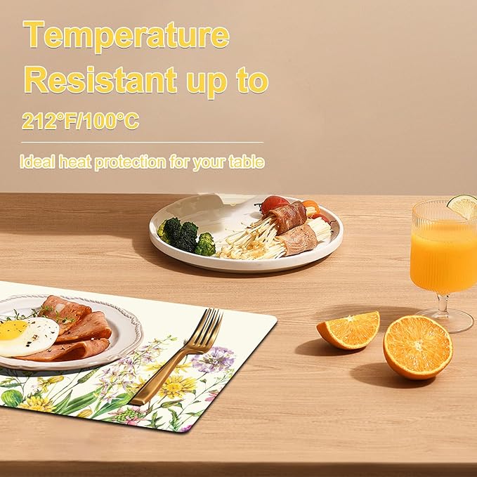 Flower Placemats Set of 4 - Floral Faux Leather Heat Resistant Placemats for Dinner Table, Non-Slip Waterproof Oil-Proof Washable Reusable Placemat for Indoor Outdoor Kitchen Decor, 15.75In*11.81In