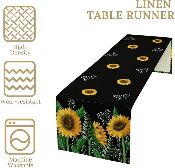 Sunflower Table Runner,Spring Summer Watercolor Floral Plants Leaves Print Table Runner for Kitchen Dining Table Home Holiday Party Indoor Outdoor Decor 13x108in