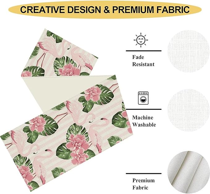 Tropical Table Runner,Retro Flamingo Hawaii Summer Palm Leaves Flower Stripes Table Center Decor for Family Kitchen Living Room Outdoor Farmhouse Party Table Decorations, 13"x36"