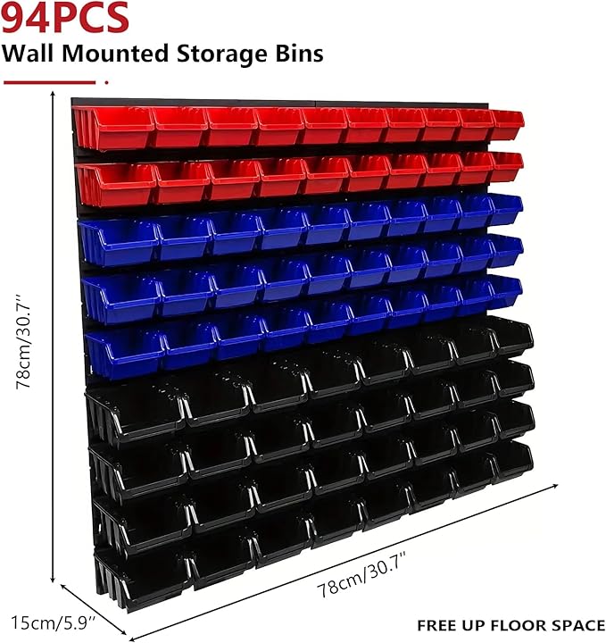 94 Pcs Wall Mounted Storage Bins, Garage Organizer System with Black, Blue, Red Plastic Bins, ABS Material, 30.7 x 30.7 x 5.9 Inch, for Nuts and Bolts Storage