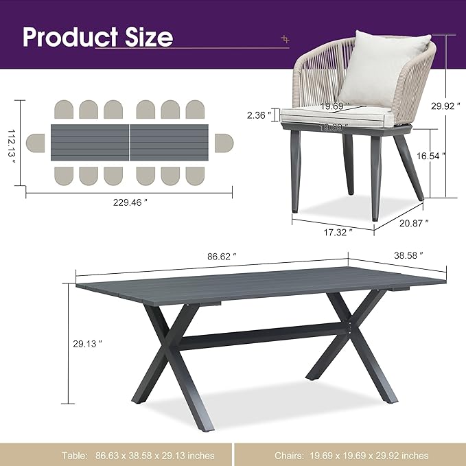 PURPLE LEAF 16 Pieces Patio Dining Set Wicker Outdoor Furniture Rectangular Table and Chairs Set for Garden Deck Aluminum Frame Backyard Kitchen Set, Cushions and Pillows Included Taupe