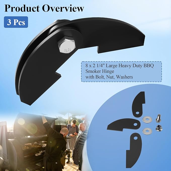 3 Pcs 8 x 2 1/4" Large Heavy Duty BBQ Smoker Hinge, Compatible with Burn Shop BBQ Smoker Hinge Doors, Fit for 3/16" Plate Steel, with Bolt, Nut, Washers