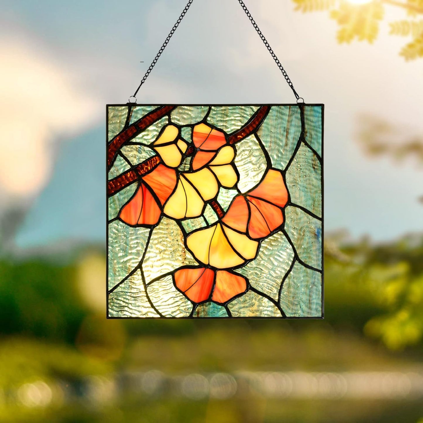 PA0005 Stained Glass Ginkgo Leaf Hanging Panel-10 Wx10 H Window Suncatcher Window Décor Tiffany Style Wall Décor Hanging Art