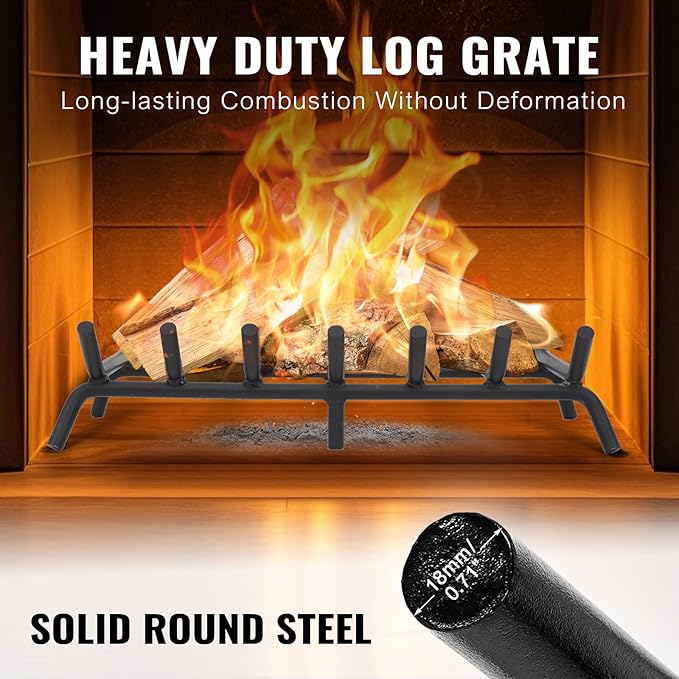 Fireplace Grate 24 inch - Fireplace Log Grates Heavy Duty Solid Round Steel | Fireplace Log Holder No Assembly | Burning Wood Log Rack for Indoor Chimney Hearth & Outdoor Camping