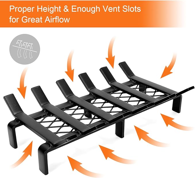 17" Fireplace Grate with Ember Retainer, Wood Stove Grate Rack, Heavy Duty Solid Steel 6-Bars Firewood Holder, Non-Assembly Fire Grate for Indoor Hearth Outdoor Firepit - Matt Black
