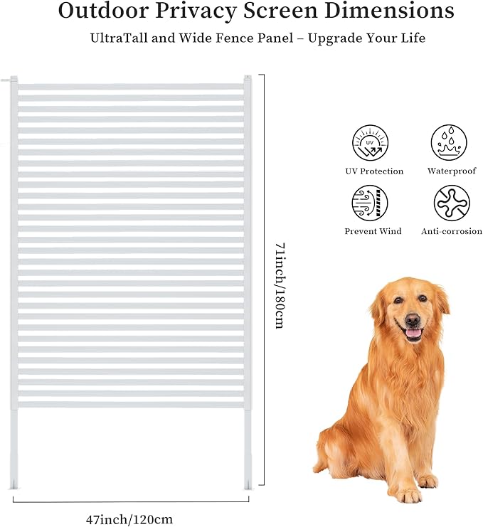 Outdoor Privacy Screen with Stand, Rustproof Metal Fence Panel, 47.24’’ x 71’’ PE-Coated Steel Slats, Decorative Privacy Fence for Patio, Garden, Backyard, Trash Can, White(1 Panel)