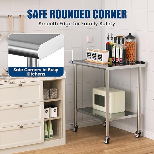 Stainless Steel Work Table with Wheels, 24x36 Inch NSF Food Prep Table with Backsplash & Adjustable Undershelves for Commercial Kitchen, Restaurant, Garage