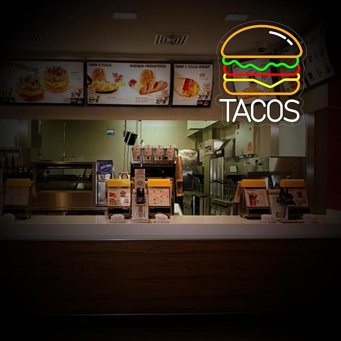 Tacos Neon Sign for Wall Decor, Hamburger Led Signs, Dimmable Neon Light Sign for Restaurant, Snacks, Living Room, Bar Decoration, USB Powered Light Up Signs for Kitchen