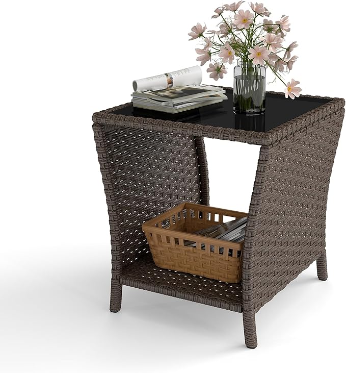 kinbor Outdoor Wicker Side Table - Tempered Glass Top Small Outdoor Table with Storage Shelf for Patio, Balcony & Porch, Durable PE Rattan & Iron Frame