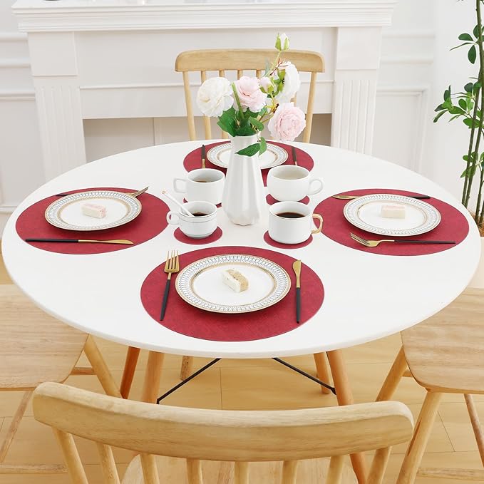 Homaxy Round Faux Leather Placemats and Coasters, Washable Dual-Side Table Mats, Wipeable Heat-Resistant Dining Place Mats for Outdoor and Indoor, Set of 4, Diameter 13 and 3.93 inch, Red