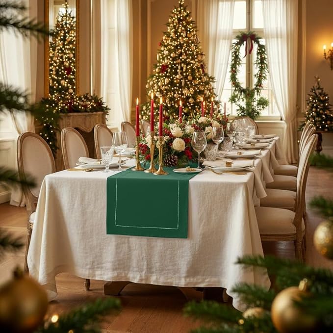 D'Moksha Homes Linen Forest Green Table Runner 108 Inches Long - 100% Pure Linen 14 x 108 Inch Table Runner for St Patricks Day, Easter - Classic Hemstitch