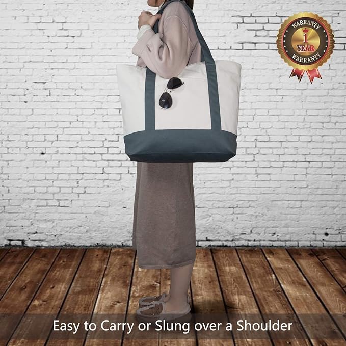 TOPDesign 6-Pack Canvas Tote Bags with an External Pocket, Reusable Grocery Shopping Bags, Top Zipper Closure, Daily Essentials (Grey/Natural)