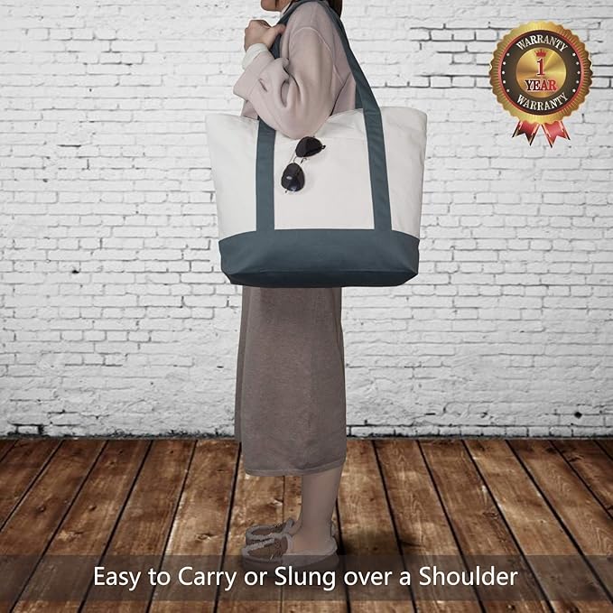 TOPDesign 3-Pack Canvas Tote Bags with an External Pocket, Reusable Grocery Shopping Bags, Top Zipper Closure, Daily Essentials (Grey/Natural)