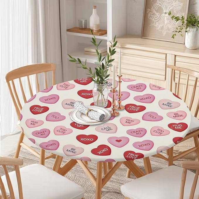 Valentines Day Round Fitted Tablecloth with Elastic Pink Red Love Hearts Circle Table Cloth for 40-44" Round Tables Wipeable Waterproof Valentines Decorative Table Cover for Picnic Dining Party Decor