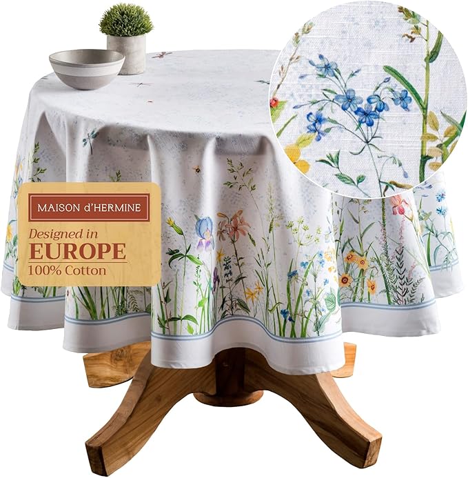 Maison d' Hermine Table Cloth Round Table 100% Cotton 69 Inches Tablecloth Reusable Decorative Everyday Use for Dining Room, Farmhouse, Home, Party, Festive & Wedding Spring Summer - Fleurs De Mai