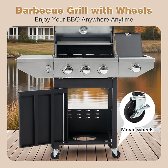 Endark 3-burner propane grill, 37,000 BTU with side-fire function. Stainless steel, enameled cast iron grate, thermometer, wheels. Perfect for patio and garden cooking
