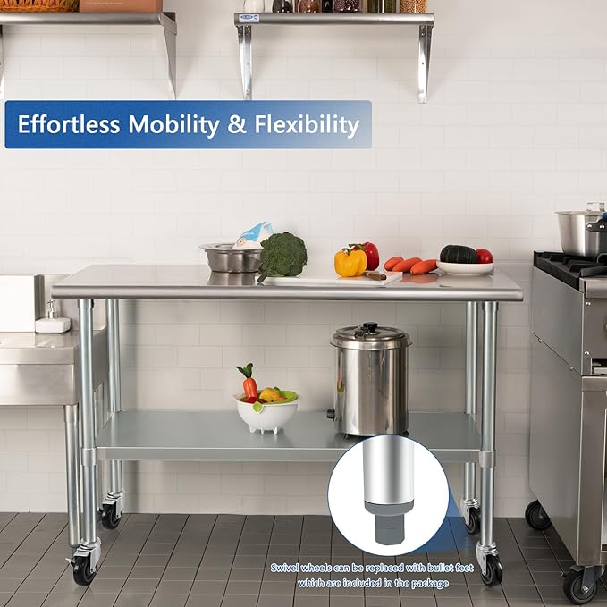 HARDURA Stainless Steel Table with Wheels 30 x 72 Inches Casters NSF Heavy Duty Commercial Prep Table with Undershelf and Galvanized Legs for Food Prep