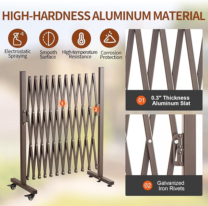 TECSPACE Aluminum Expandable Garden Fence, Portable Barricade Gate with Casters, Adjustable Retractable Fence Mobile Barricade Safety Barrier (Brown, 130×15×41 inch)