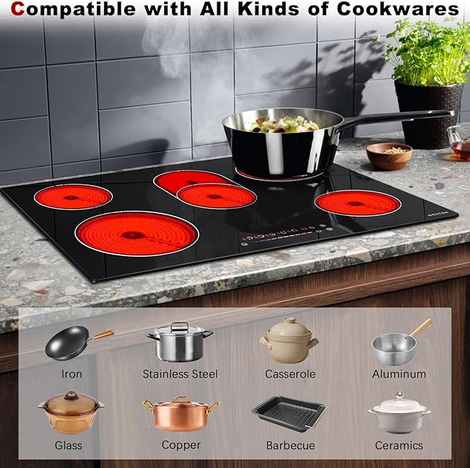 Noxton 30 Inch Electric Cooktop, 8400W 5 Burners Built-in Radiant Electric Stove Top, Slider Control, 9 Power Levels, Child Safety Lock, Timer, 220-240V