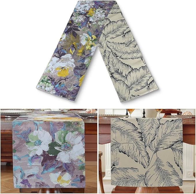 Double-Sided Table Runner - Reversible Oil Painting & Banana Leaf Design, Waterproof Linen Cotton for Dining Table Decor, Holiday Home Decoration（Pruple）