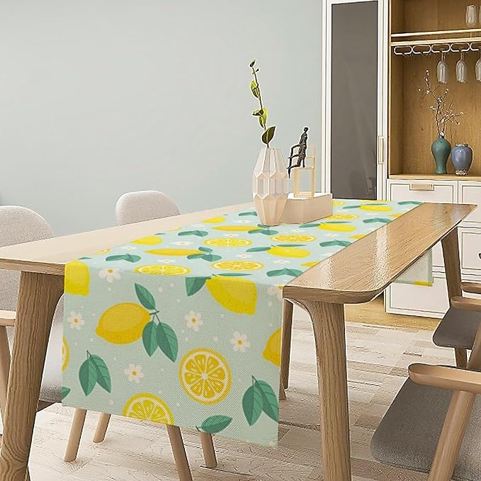 Spring Lemon Table Runner, Summer Seasonal Green Leaves Flowers Yellow Fruit Print Table Runner for Farmhouse Kitchen Dining Table Home Party Decor 13x120in