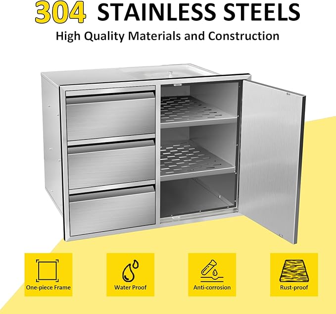Outdoor Kitchen Door Drawer Combo Cabinet 28" W x 22" H x 19.5" D Stainless Steel Built-in Triple Drawers&Right Access Door Combo Cabinet for Outdoor Kitchen Island, Patio Grill Station