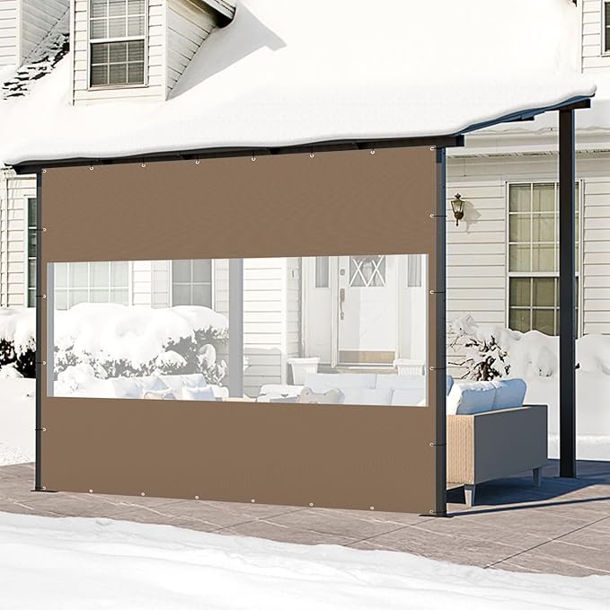 Domi Heavy Duty Outdoor Clear Panel Curtain, 18 oz Waterproof PVC Polyester Curtain, Weather Resistant & Tearproof for Patios, Gazebos, Pergolas, Privacy Screen (8'H x 8'W, Brown)
