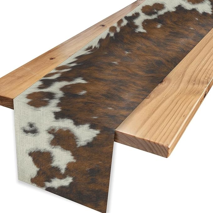 Cow Print Table Runner, Brown Cowhide Print Western Style Table Runner Country Farmhouse Cottage Cow Pattern Linen Table Decoration for Home Kitchen Dining 13x90