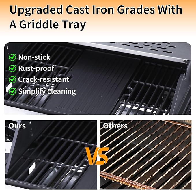 CIG GARDEN 4 Burner Propane Gas Grill with Side Burner, 52,000 BTU BBQ Grill with Cast Iron Grates and Double-layer Stainless Steel Lid, Outdoor Barbecue Grill Perfect for Balcony, Backyard, Camping