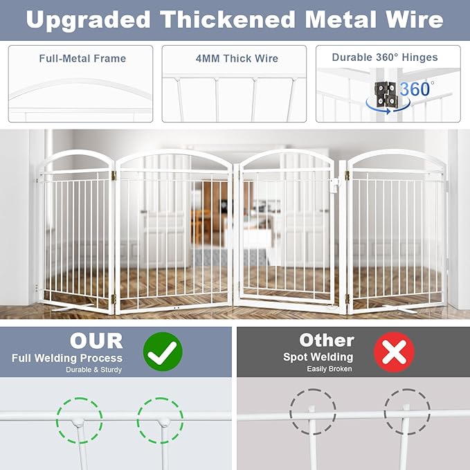 Full Metal Free Standing Dog Gate with Door for Outdoor Indoor,96'' Extra Wide 32'' Tall Dog Gates for Doorways,Large Openings,Decks,Porch,Freestanding Portable Pet Fence(4 Panels,Black)