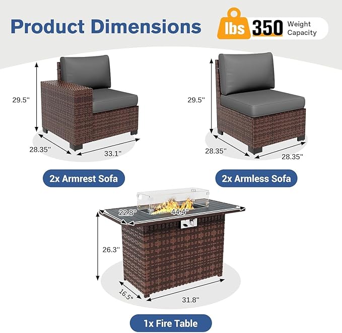 Patio Furniture Set with Fire Pit Table 5 Piece, Outdoor Conversation Sets Brown Wicker Rattan Sectional Sofa for Deck Garden Backyard, 4'' Thickened Cushion Dark Grey