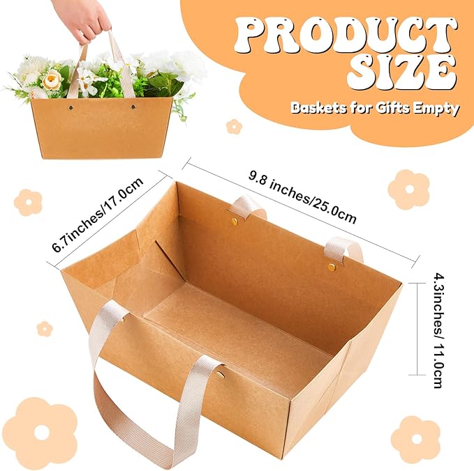 Tuanse 30 Pcs Basket for Gift Empty DIY Bulk Gift Basket Kit with Handle Kraft Cardboard Tray with 30 Bag 30 Bow Market Tray for Wedding Party(Brown,9.8 x 6.5 x 4.3 in)