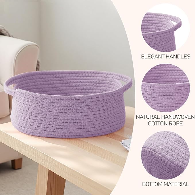 Woven Basket,Small Rope Storage Bin with Handles & Ribbon Bag, Organizer for Shelves Closets,Gift Basket Empty for Birthday,Books,Dog Toys, Purple