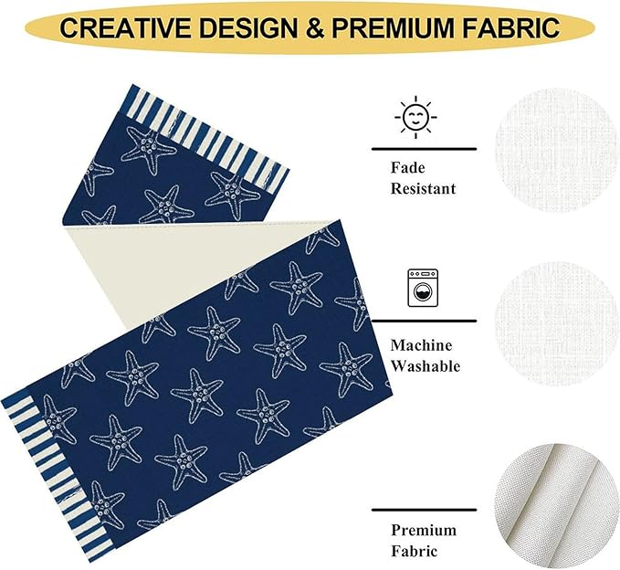 Starfish Table Runner, Summer Coastal Navy Blue Nautical Tropical Rustic Farmhouse Coffee Table Center Decor for Home Kitchen Dining Patio Holiday Party Table Decorations 13"x72"