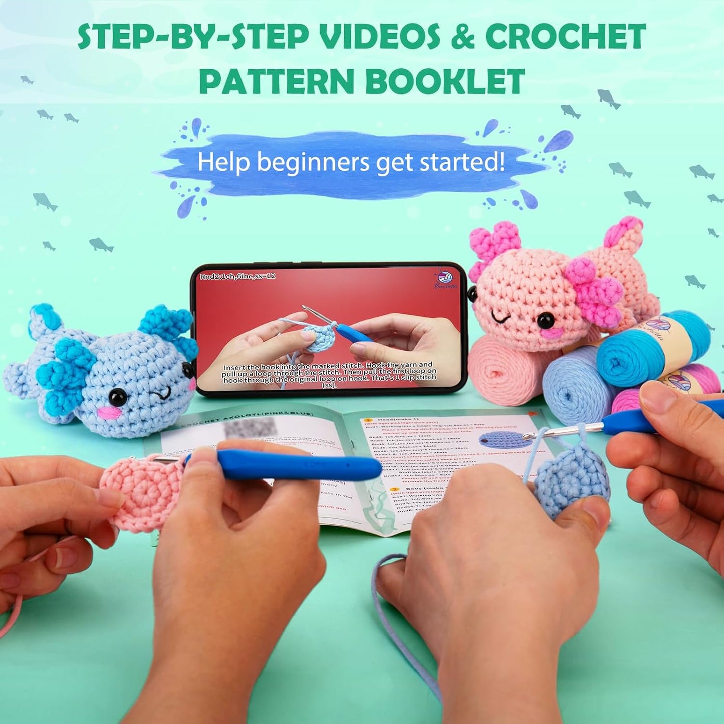Crochetta Crochet Kit for Beginners, Crochet Starter Kit w Step-by-Step Video Tutorials, Easy Beginner Crochet Kit for Adults & Kids, Women & Men, Complete Kit Included (Axolotl 2Pack)