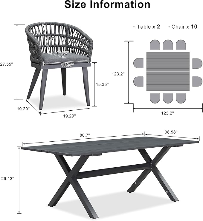 PURPLE LEAF 12 Pieces Outdoor Dining Set All-Weather PE Rattan Outdoor Patio Furniture Set with All Aluminum Frame Rectangular Table and Chairs Set for Lawn Garden Backyard Deck, Grey