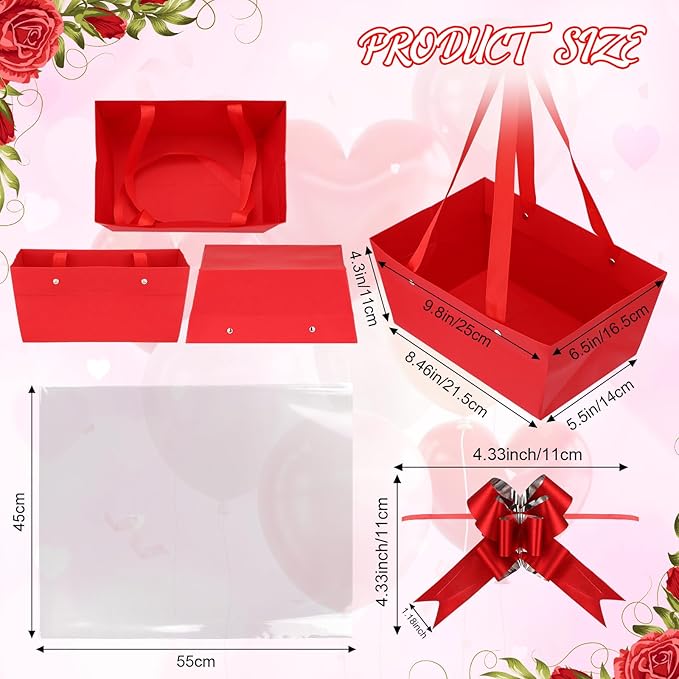 PerKoop 24 Pack Baskets for Gifts Empty Bulk 6.5 x 9.8'' Thick Kraft Gift Basket with Bows and Bags Empty Gift Baskets for Valentine's Day Easter Birthdays Wedding Snacks Farmers Market(Red)