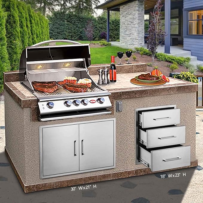 yuxiangBBQ Outdoor Kitchen Drawers Stainless Steel 3-Drawer BBQ Drawer 18" W x 23" H x 23" D Enclosed Built-in Drawer Flush Mount for Outdoor Kitchens & BBQ Islands