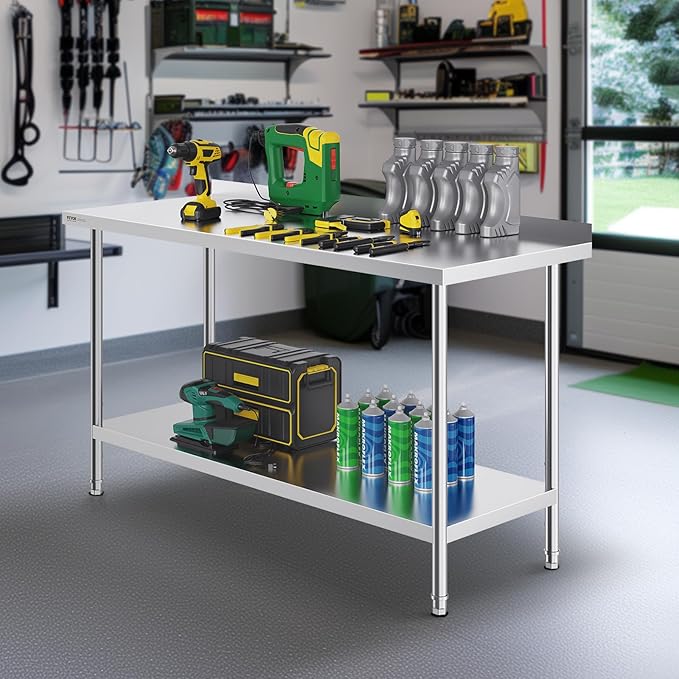 VEVOR 24 x 60 x 36 Inch Stainless Steel Work Table, Commercial Food Prep Worktable Heavy Duty Prep Worktable, Metal Work Table with Adjustable Height for Restaurant, Home and Hotel